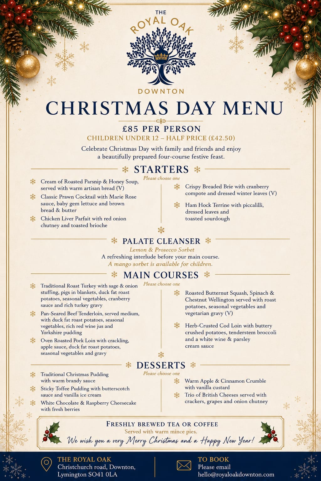 The Royal Oak Downton Christmas Day Menu