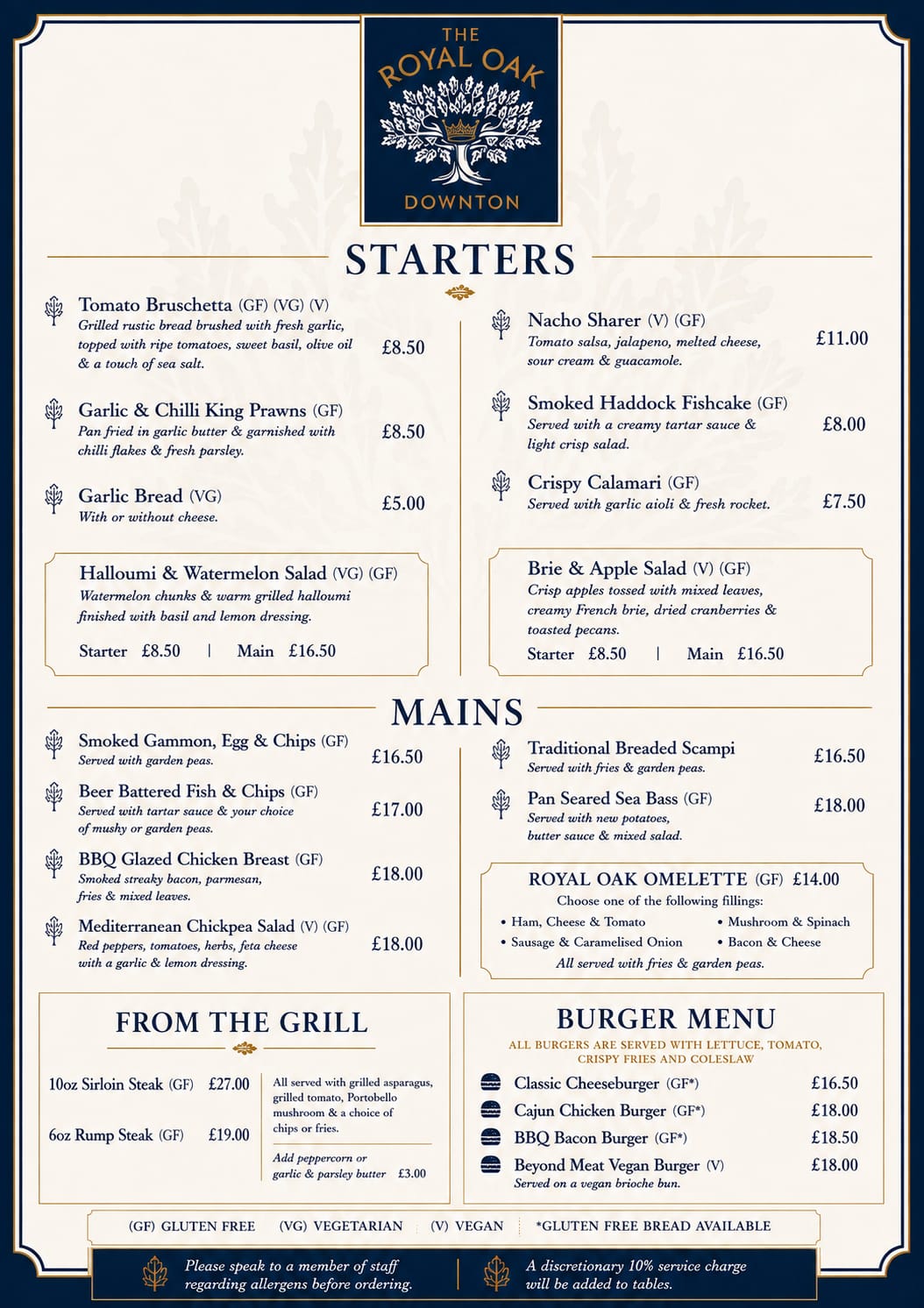 The Royal Oak Downton — Main Menu