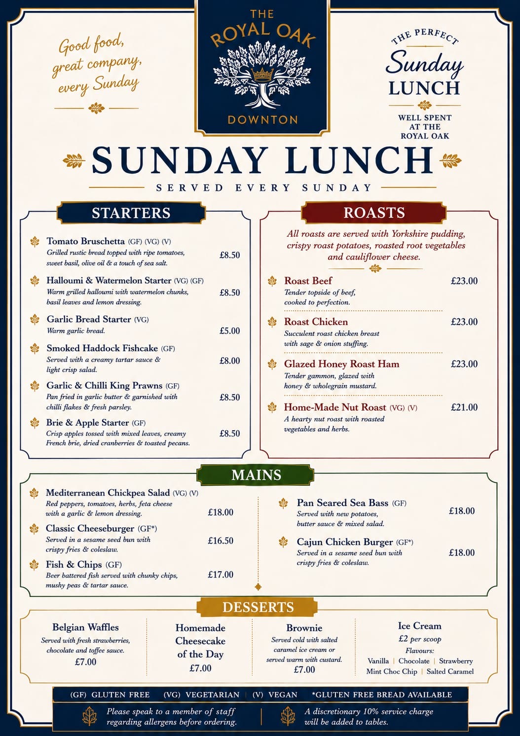 The Royal Oak Downton — Sunday Menu