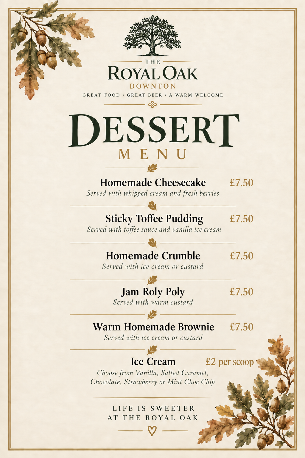 The Royal Oak Downton — Dessert Menu