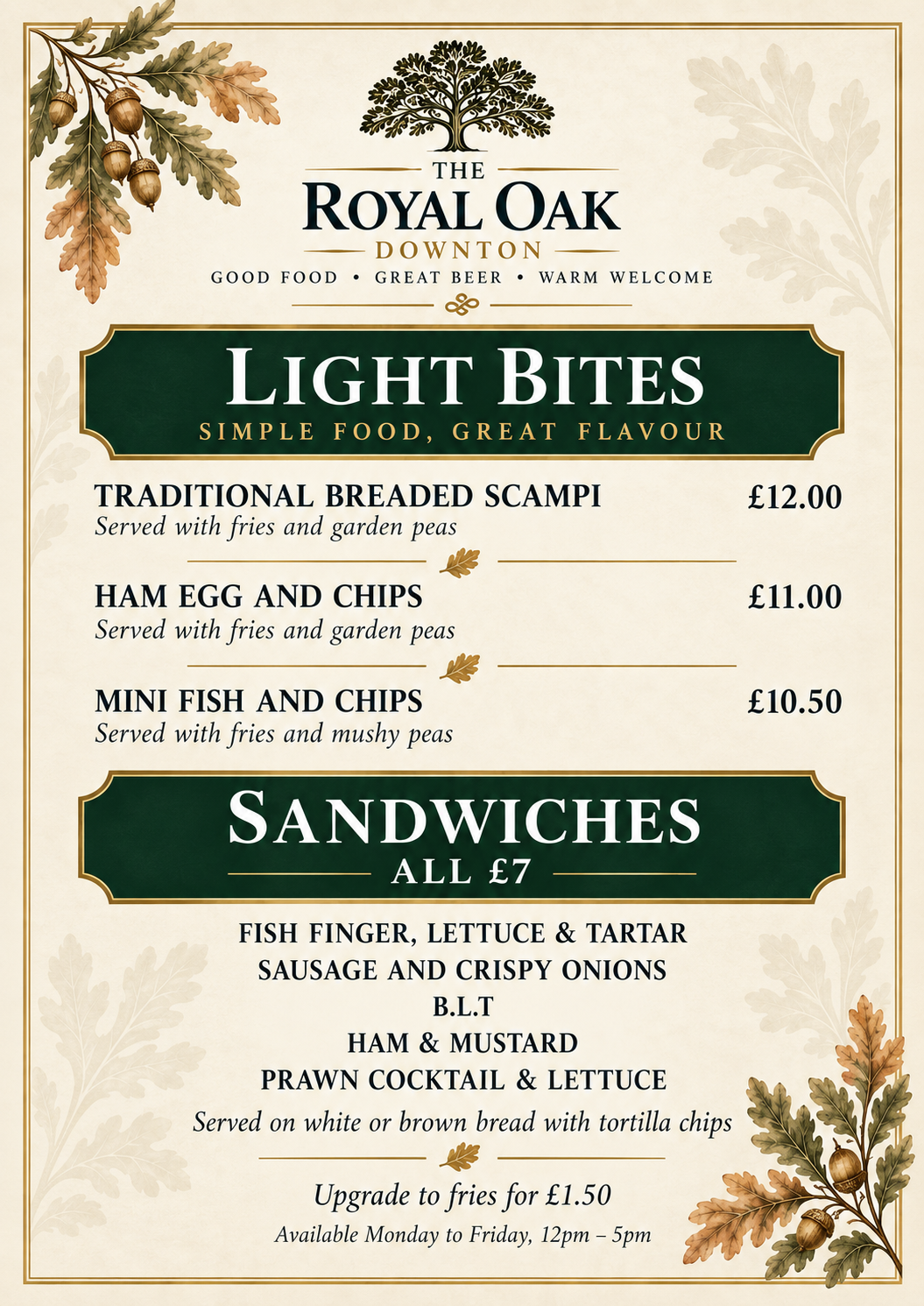 The Royal Oak Downton — Light Bites Menu