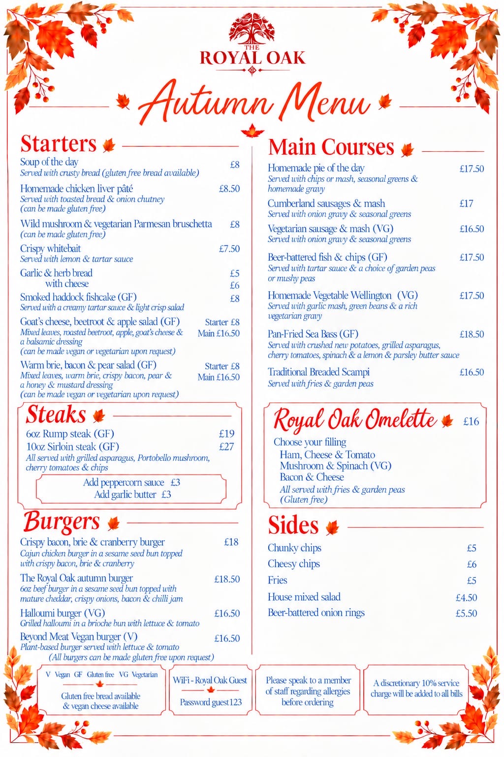 The Royal Oak Downton — Autumn Main Menu
